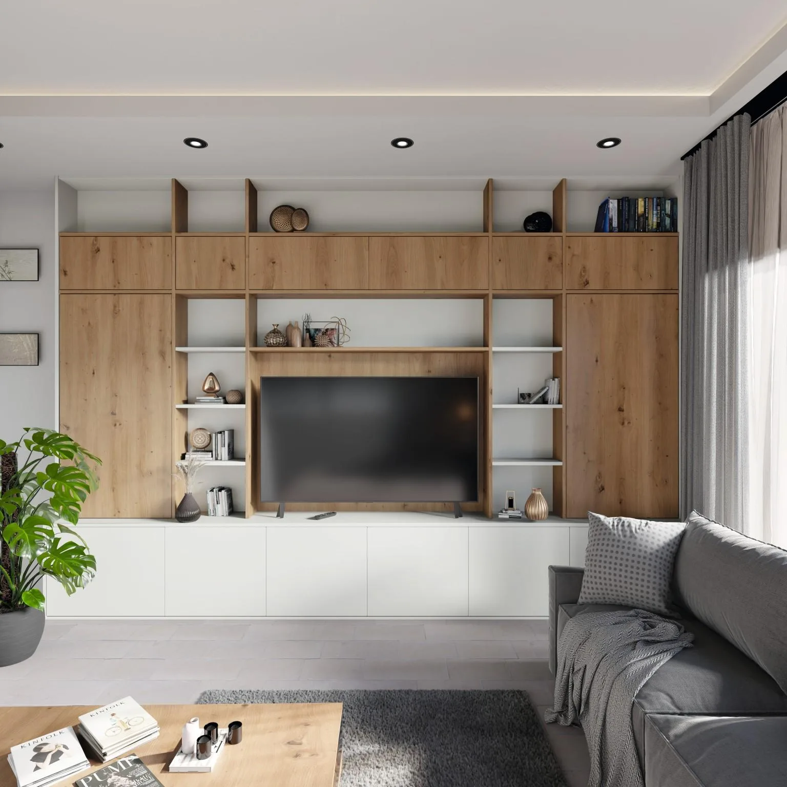 Comodă TV în decorul Egger H1318 Stejar sălbatic natur pe fond Alb Premium