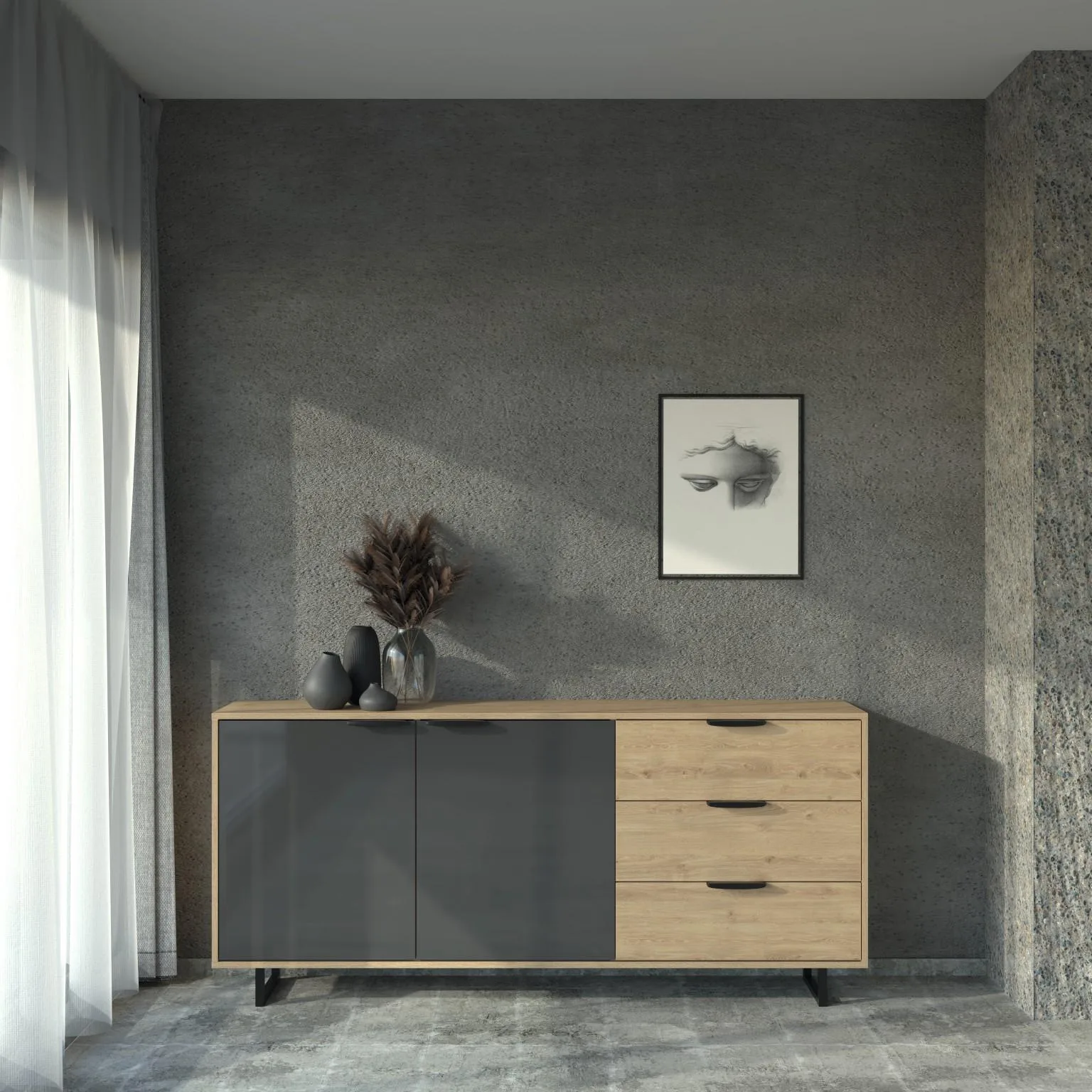 Comodă TV în decorul Egger H3131 Stejar Davos natur cu front U963 Gri diamant