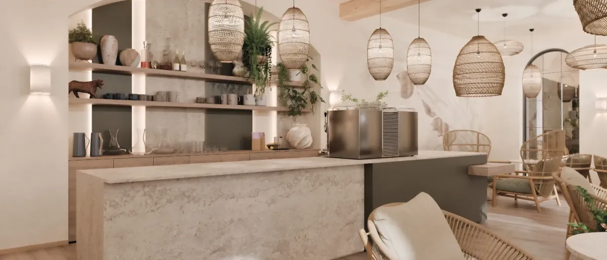 Bar de cafenea cu lambriuri din lemn, Bali Brew