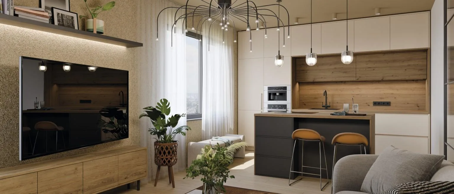 Bucătărie deschisă cu decoruri Egger H1318, U963 și U222