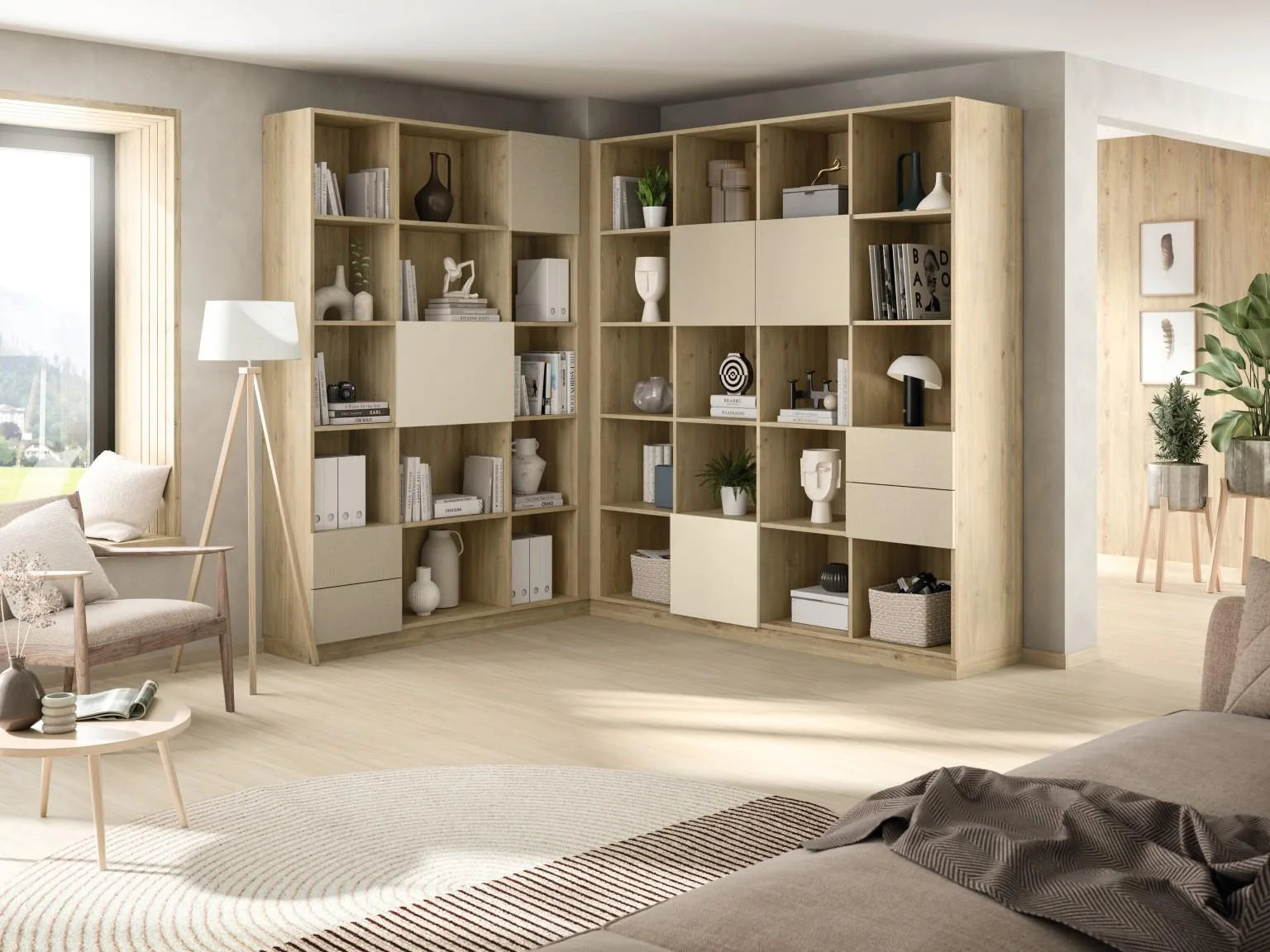 Bibliotecă de colț în decorul Egger H3131 Stejar Davos natur